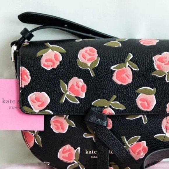 KATE SPADE Leather Embossed Ditsy Pink Rose Black Knott Adjustable Strap NWT - Picture 8 of 15